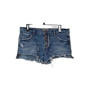 Free People Blue Jean Distressed Shorts Size 27 Cutoff Denim Mid Rise Button Fly